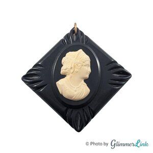 Vintage Black & White Victorian Style Mourning Cameo Square Rhombus Pendant